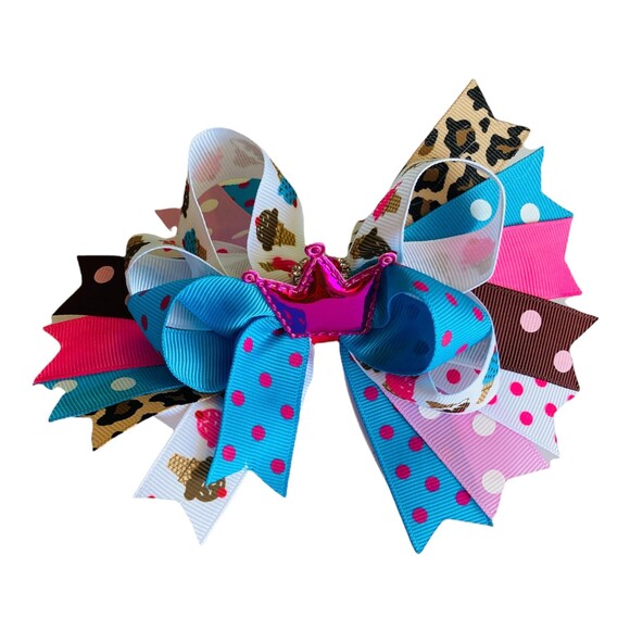Princess Crown Big Hair Bow with Colored Grosgrain Ribbons for Girls & Toddler - Picture 1 of 6